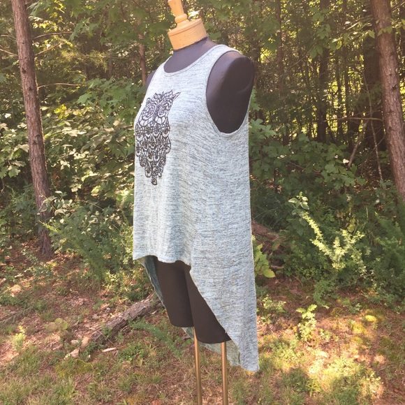 Owl High Low Shirt M Sleeveless Aqua Gray Heather - Picture 7 of 11